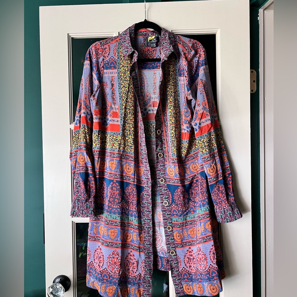 Anthropologie Maeve Casablanca Silk Printed Long Sleeve Shirt Dress Size 12